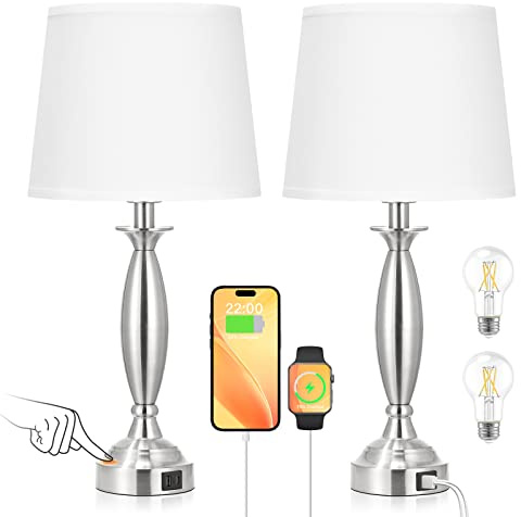 Seealle White Lamps for Bedrooms Set of 2 - Touch Control Bedside Lamp with USB C+A, 3 Way Dimmable Nightstand Lamps with USB Port, Table Lamp for Living Room(White Shade and Nickel Base)
