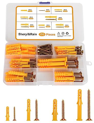 150 Pcs Screws and Wall Plugs Set (75 Masonry Screws, 75 Expansion Pipe Anchor Bolts), M6/M8 4 Assorted Size Wall Plugs and Screw, Rawl Plug for Brick, Rawplugs for Concrete Fixing Drywall