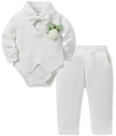 SANMIO Baby Boy Baptism Outfit Baby Boy Suits Collared Dress Shirt+Vest+Tie+Corsage+Pants Baby Christening Formal Outfits 5Pcs Sets