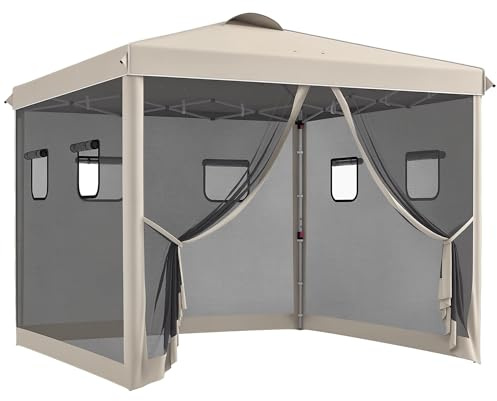 Outsunny Fällbar paviljong ca. 3 x 3 m, paviljong med 4 nätgardiner, trädgårdspaviljong med UV-skydd, pop-up paviljong med fönster, bärväska, för trädgård, lusthus, beige