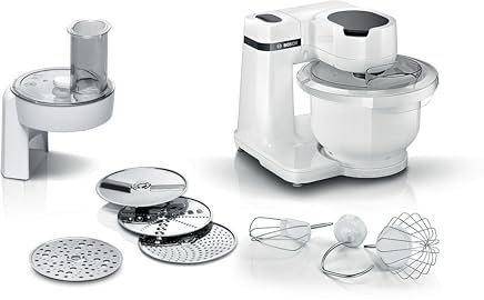 Bosch Küchenmaschine Serie 2 MUMS2AW01, 3,8l Kunststoff-Schüssel, Durchlaufschnitzler, 4 Scheiben, 4 Stufen, Knethaken/Rührbesen/Schlagbesen, spülm.fest, 700 W, weiß