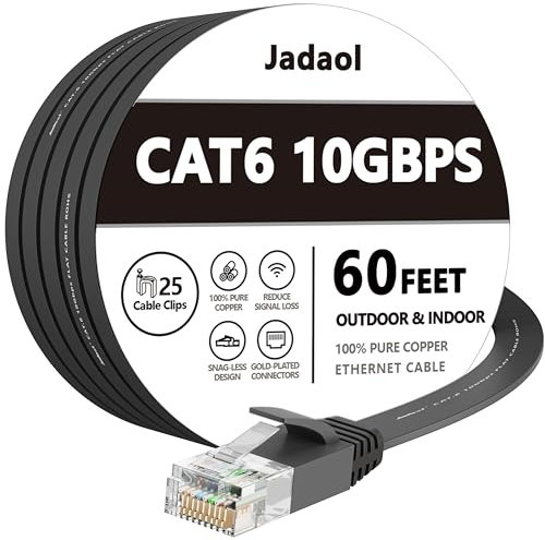 Jadaol Cat 6 Ethernet Cable 60 ft, 10Gbps Support Cat8 Cat7 Network, Flat RJ45 LAN Patch Cable, High-Speed Wired Internet Cable for Router, Modem, Switch, Gaming Consoles, PC, Streaming Devices, Black