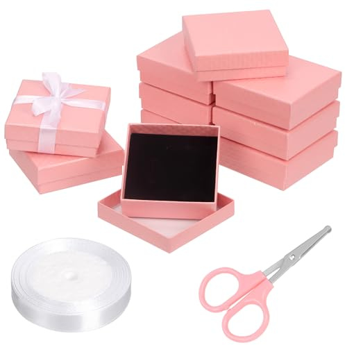 Glarks Set di 12 scatole regalo per gioielli, 9x9x3 cm, con forbici rosa e nastro in poliestere bianco da 1,5x225 cm, motivi a diamante