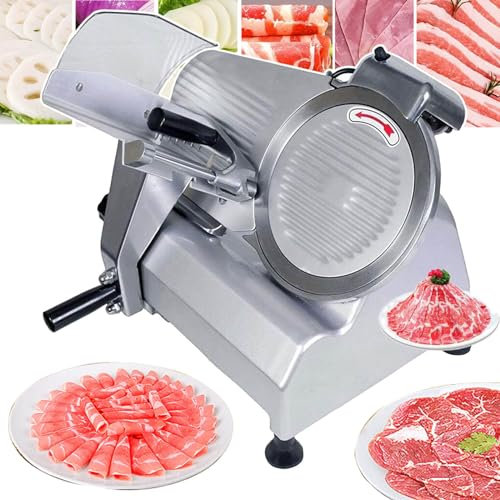 QXIWAOE Cortadora de Carne Comercial de 180 W, cortadora de Alimentos eléctrica de 10 Pulgadas, Grosor de Corte de 0 a 10 mm, 30 Piezas/min, cortadora de fiambres congelada para Carne, Queso y Pan
