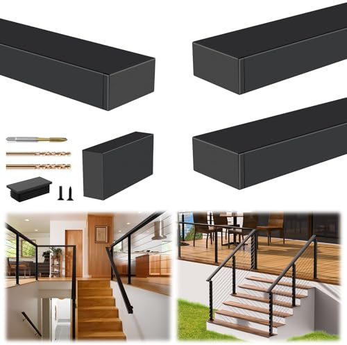Zylorix 3 Pack 8FT T304 Stainless Steel Black Handrail with Extension Connector End Cap Kits for Cable Railing System Post Kit for Decks, 2.36 W x 1.18 H Cuttable Flat Handrail Rectangular Top Rail