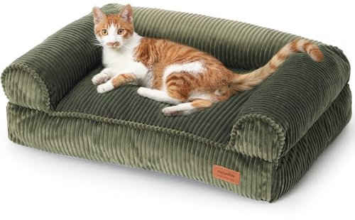 FUKUMARU Katzensofa Bett, Corduroy Gemütliches Katzenbett für drinnen mit abnehmbarem waschbarem Bezug, Stützendes Anti-Rutsch Hundebett Sofa für kleine Hunde, 72 x 52 x 22 cm, Mittel, Grün