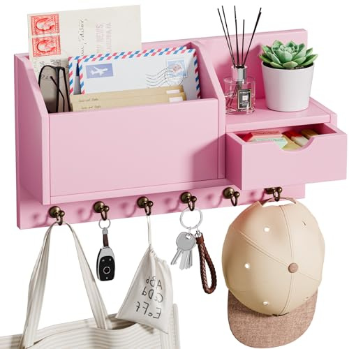 Wall Mount Key Rack With 6 Hooks and Storage Drawer, Wooden Holder With Shelf for Organising - for Entrance, Living Room, Hallway, Office (Pink)