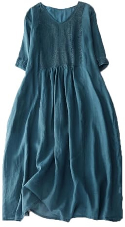 Vestido Midi Mujer Verano Manga Corta Cuello En v Casual Elegante Suelto Vestido Plisado Largo con Bolsillos