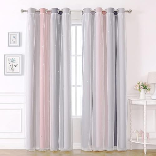 KAHEAUM Rideaux Chambre,Rideau Occultant avec Blanc Voile Double Draperies Décoration de Fenêtre Couleur Dégradé Motif Etoiles Perforée pour Maison Chambre Fille Enfant,L132 x H160 cm,Rose Gris,2 PCS