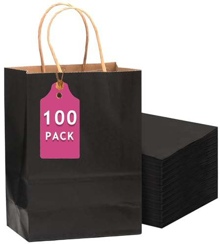 Gcardist 100-Packs Black Gift Bags with Handles 13''x5x10inch Large Size Kraft Present Paper Bags (33x26x13cm)