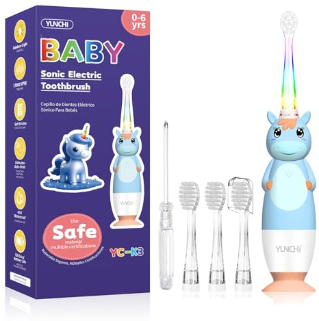 Cepillos de Dientes Eléctricos para Bebés de 0-3-6 Años, Cepillo de Dientes para Niños Pequeños con Temporizador, Luz LED Arcoíris Colorida, 4 Cabezales Suaves, Funciona con Pilas para Niñas y Niños