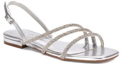 ESSEX GLAM Women's Flat Strappypy Sandals Ladies Sparkly Diamante Slingback Silver Metallic Strappy Holiday Dressy Shoes Size 6