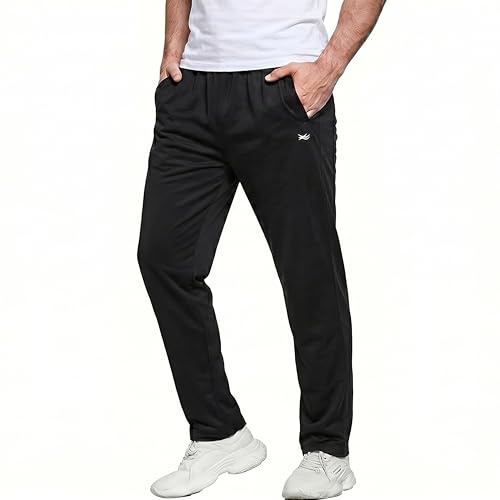 Men’s Tracksuit Bottoms – Elastic Waist Silky Joggers with Zip Pockets – Lightweight Open Hem Pants for Gym, Running, Yoga & Casual Wear – Plain Black-XL