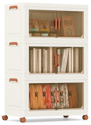 COSTWAY Contenitori Pieghevoli con Coperchio, Set da 4/3 Scatole di Plastica Impilabili con Ruote, per Organizzatore di Armadio con Porte a Apertura Frontale, Multiuso (68,5 x 37,5 x 107 cm)