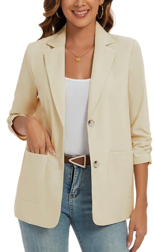 MINTLIMIT Cotton Linen Blazer Jackets for Women 3/4 Ruched Sleeve Blazers Summer 2 Button with Pocket Outerwear Notched Lapel (Beige M)