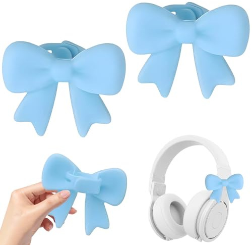 Dexprosy 2 Pack Silicone Bow Headphone Accessory - 3D Stylish Decorations, Detachable Headset Clips for Gamers and Women (Blue)