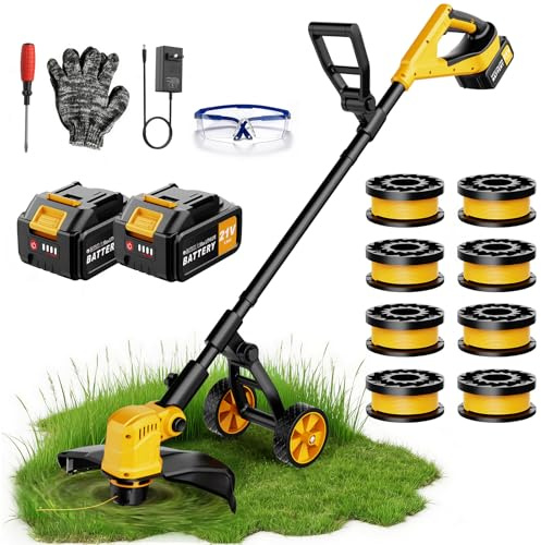Decespugliatore a Batteria con Ruota, 36CM Tagliaerba a Batteria con 2 × 3,0 Ah Batteria e Caricatore, Motore Brushless da 800W, 3 in 1 Decespugliatore Elettrico con 8 Bobine di Ricambio per Giardino