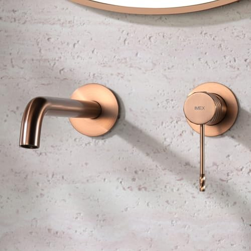IMEX - Grifo Lavabo Empotrado Oro Rosa Cepillado | Grifo de Lavabo Monomando Pared Mezclador Agua Fría y Caliente | Grifería en Latón con Cartucho Cerámico Ø35mm | Serie Bless