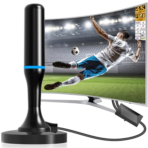 Antenne TV Intérieur Puissante, 2026 Antenne TV Intérieur avec Amplificateur de Signal Intelligent, Antenne Interieur TNT Puissante Réception 360° Portée 600km, 4K HD/1080P Les Chaînes Gratuites, Bleu