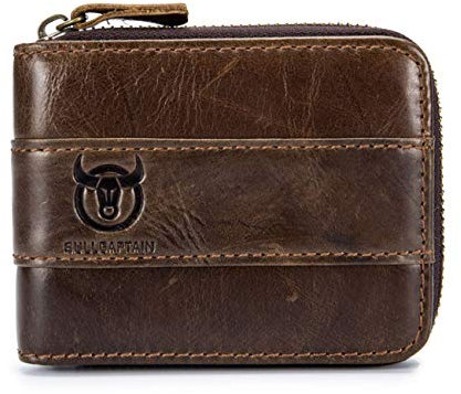 Leder Geldbörse Herren Geldbeutel Männer, BULLCAPTAIN klein Brieftasche,Geldbeutel mit Münzfach Querformat Portemonnaie mit Kette Handtasche viele Fächer Kreditkartenhülle etui Reissverschluss Braun