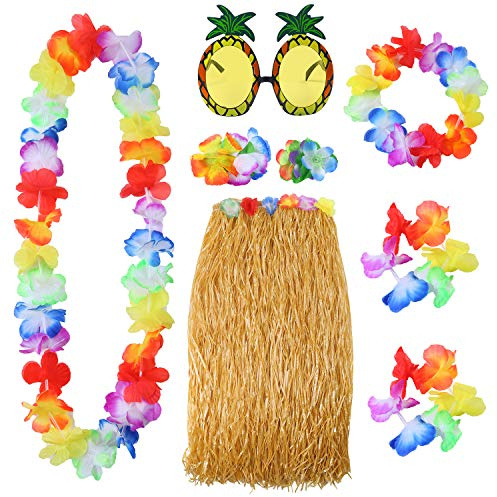 Elcoho 8 delar Hawaiian Hula gräs kjol ananas solglasögon blomma leis halsband armband set för Hawaii Luau festdekorationer (gräsfärg)