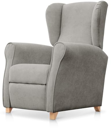SUENOSZZZ-ESPECIALISTAS DEL DESCANSO Sillón Relax orejero Irene reclinable con Patas de Madera, Relax nórdico tapizado en Tela Antimanchas Gris
