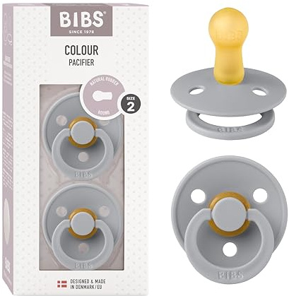 BIBS Colour Soother 2-Pack, BPA Free Dummy Pacifier, Round Nipple. Natural Rubber Latex, Size 2 (6-18 Months), Cloud/Cloud