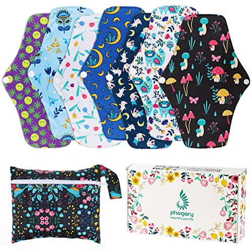 PHOGARY Reusable Menstrual Pads, Bamboo Cloth Pads for Heavy Flow with Wet Bag, Large Sanitary Pad Set with Wings for Women, Washable Overnight Cloth Panty Liners Period(7 in 1, Style G)