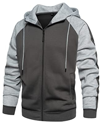 Wirltte Mens Hoodies Zip Up Hoodie Patchwork Fleece Jacket Winter Warm Hooded Grey XL