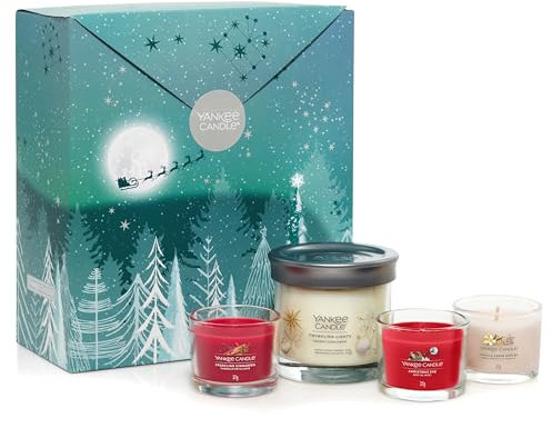 Yankee Candle Juego de regalo, 3 velas votivas rellenas perfumadas y 1 vela en vaso pequeño de la firma | Colección Bright Lights