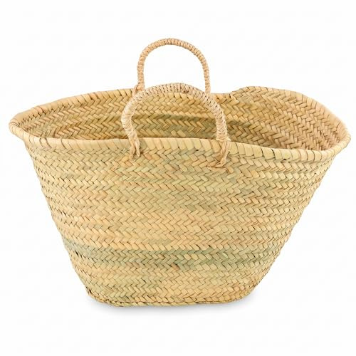 HERSIG Bolso Capazo de Palma de Base Oval - Bolso de Rafia Natural con Asas Cortas de Mano Robustas | 50x20x28/37 cm | Bolsa Cesta Grande Mujer para Playa, Compras, Vacaciones, Picnic, Diario