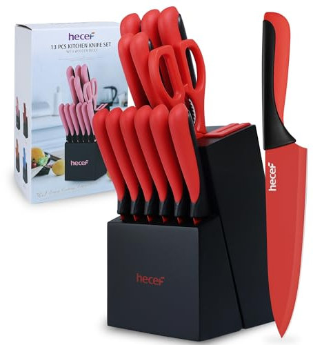 hecef Set Coltelli da Cucina Professionali, 13 Pezzi Ceppo Coltelli da Cucina in Acciaio Inox, Affilato Coltello da Cucina con Blocco in Legno, Colorato (Rosso)