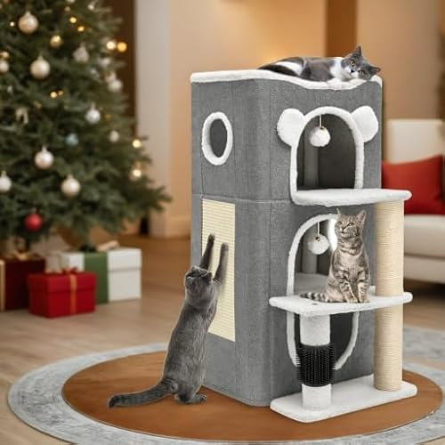 YITAHOME Modern Cat Condo with Highway Cave, Cat Cube Playhouse for Multi Kittens, Scratch & Itching Post, Climbing Stand (Grey)