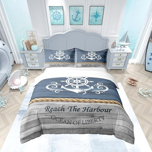 Homemissing Ancre Décoration 100% Coton Housse de Couette 220x240cm thème Nautique Parure de Lit Enfants Aventure Marine 100% Coton Housse de Couette 220x240cm Texture en Bois Ensemble de Literie