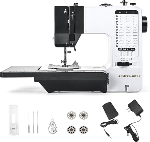 Mini Sewing Machine by Astrowinter (Extension Table included), Small Portable Sewing Machine, Adult Mending Machine with 38 Built-In Stitches, Reverse Sewing and LED Light AW-056-A12
