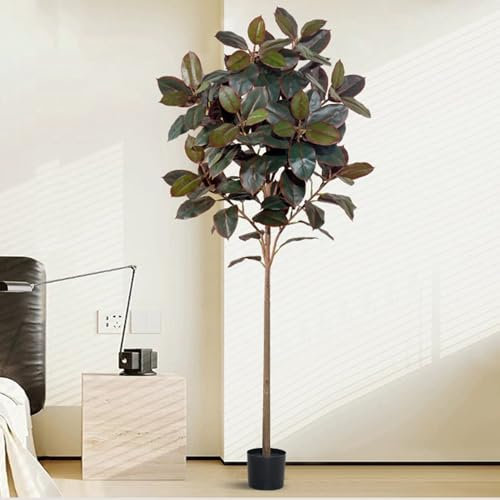 Kunstbaum Künstlicher Gummibaum für Zuhause mit Immergrünen Blättern, Realistischer Gummibaum Im Topf für Schlafzimmer, Hochzeitsfeier, Eingangsbereich, Dekorationsgummibaum(Red,XXL)