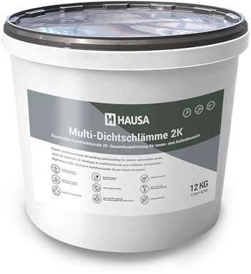 HAUSA Multi-Dichtschlämme 2K 12kg elastische 2K Dichtmasse für Innen- und Außen, Abdichtung von Schwimmbad Pool Betonbecken Balkon Terrasse Bad Keller Dusche, druckwasserdicht lösungsmittelfrei