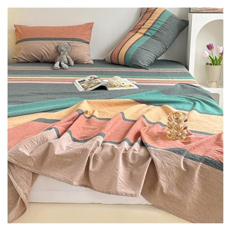 Bettlaken ohne Gummizug aus 100% Gewaschener Baumwolle Kariert Betttuch ohne Gummi Hochwertige Bettwäsche Weich und Atmungsaktiv(Colored,120x230cm)