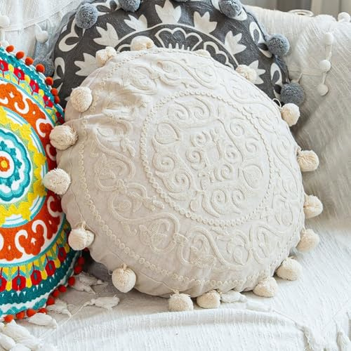 Zilimontt Funda redonda bordada a mano, estilo étnico, funda de cojín decorativa para sofá de sala de estar, decoración bohemia única del hogar, lino de algodón, 45 cm de diámetro (1)