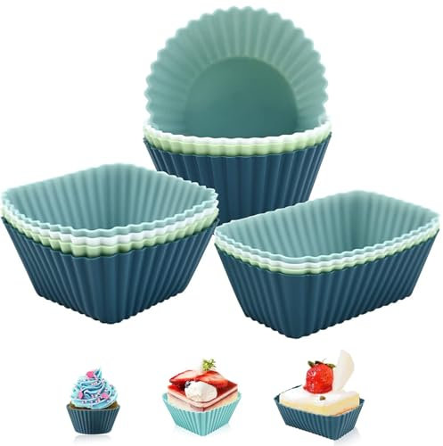 12 Pack Silicone Cupcake Cases, Reusable Non-Stick Baking Cups Cases, 3 Shapes 4 Colors Heat Resistant Muffin Moulds for DIY Baking Bread airfryer Cakes Desserts Ice Cream Pudding Jelly Daily Use