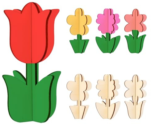Yuanchu 16 stycken obearbetade träblommor, 3D-blommor, träpysselset för barn, för pyssel, trä, tulpaner, pysselset, gör-det-själv, dekoration, kreativa set, present för barn att måla