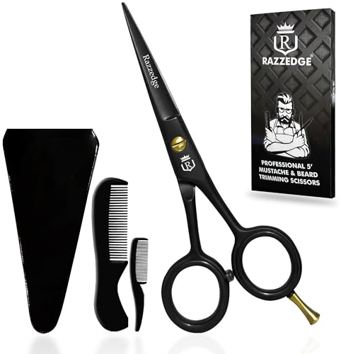 Razzedge Tijeras profesionales para bigote y barba de 5 pulgadas con 1 barba, 1 peine para bigote y bolsa de viaje, tijeras negras de acero inoxidable para recortar bigote y barba para el vello facial