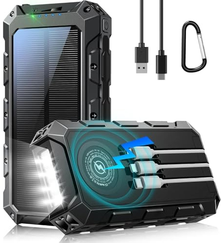 Power Bank Solar 52800mAh con Carga Inalámbrica: Batería Externa de Carga Rápida de 30W con 3 Cables 7 Salidas, Linterna LED y Pantalla Indicadora, Ideal para Camping al Aire Libre