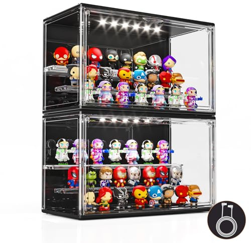 Acrylic Display Case for Collectibles with LED Light, 3 Layer Adjustable Figure Display Case with Magnetic Door, Lighted Display Box Stackable Clear Blind Box for Action Figure, Popmart, 2 Pack, Black