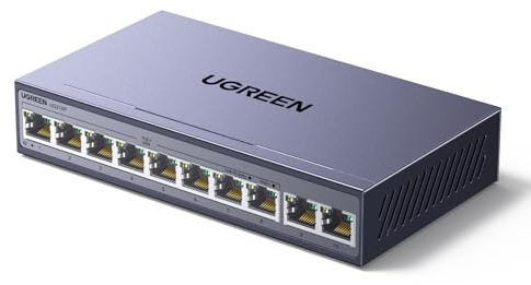 UGREEN 10 Porte Gigabit PoE LAN Switch con 8 PoE Switch + 2 Gigabit-Uplink 60W Potenza Totale per tutte le Porte PoE, Switch di Rete ideale per NVR, Telecamere IP, Non Gestito con Carcassa Metallica