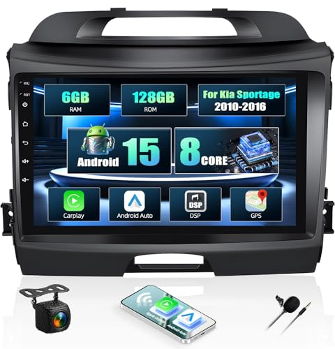 CAMECHO 6+128G 8 Core 9 Pollici Autoradio per Kia sportage 2010-2016 con Telecamera Posteriore DSP, Android 15 Senza Fili Carplay Bluetooth Radio con GPS WIFI FM/RDS Android Auto +IPS Touchscreen