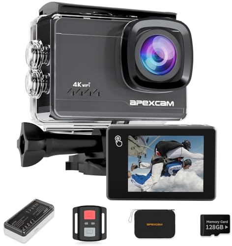 Apexcam M90 cámara Deportiva 4K/64MP con 128G Tarjeta cámara acción EIS con Pantalla táctil WiFi 8X Zoon cámara Sumergible subacuática 40M y Mando a Distancia con Dos 1350*baterías y Otros Accesorios
