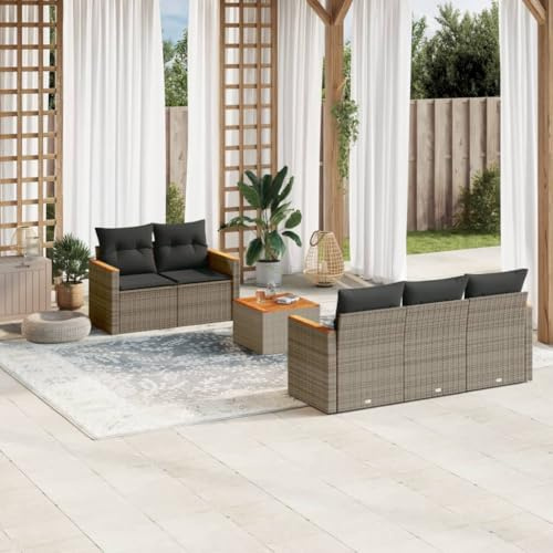 Ensemble de 6 canapés de jardin, gris, polyrotin, bois d'acacia, résistants aux UV, groupe de sièges modulaires avec espace de rangement, sac imperméable pour terrasse, balcon