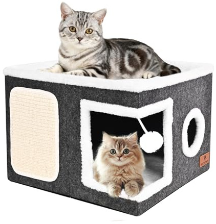Felt Cat Cave Beds for Indoor Cats, Foldable Cat Hideaway with Scratch Pad and Fluffy Ball, Large Covered Cat House with Reversible Cushion for Multi Small Pet