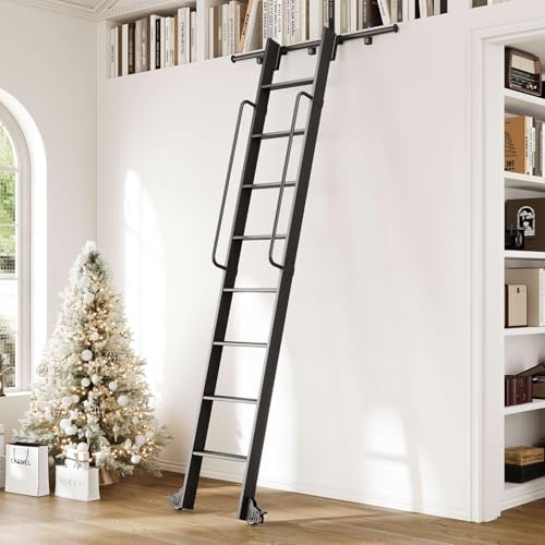 CEAKIAN 9FT Aluminum Rolling Library Ladder with 4FT Sliding Hardware Kit,Telescopic Hook Track with Brake Wheel,8 Steps with Handrail,450lbs Capacity,Black,Easy Assembly,for Loft Bookcase Attic Home